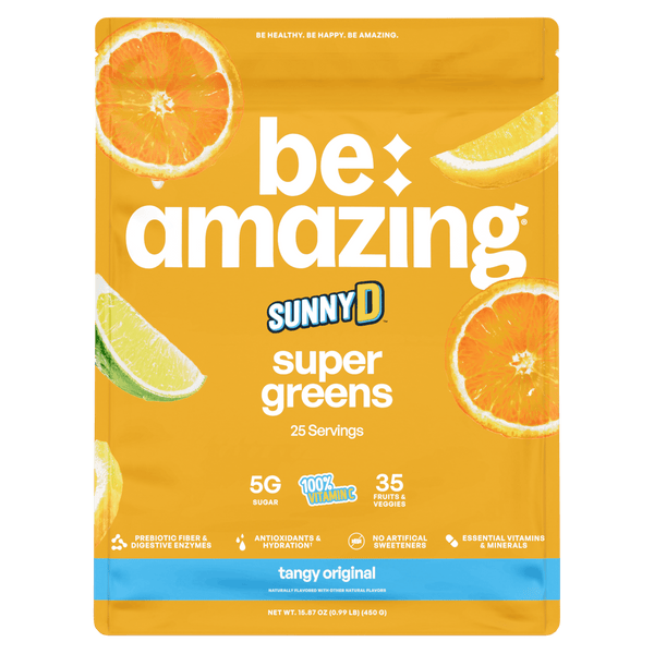 Be Amazing Super Greens powder with sunny D tangy flavor, showing the vibrant green supplement in a 25-serving container.