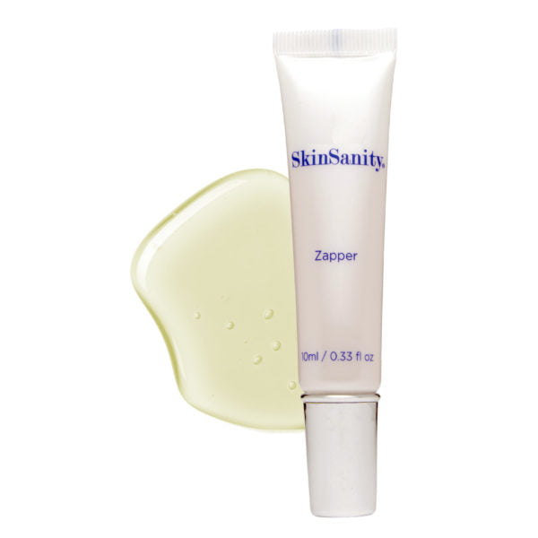 SkinSanity® Zapper blemish spot treatment bottle showing anti-spot and anti-itch formula in 0.3 fl oz size