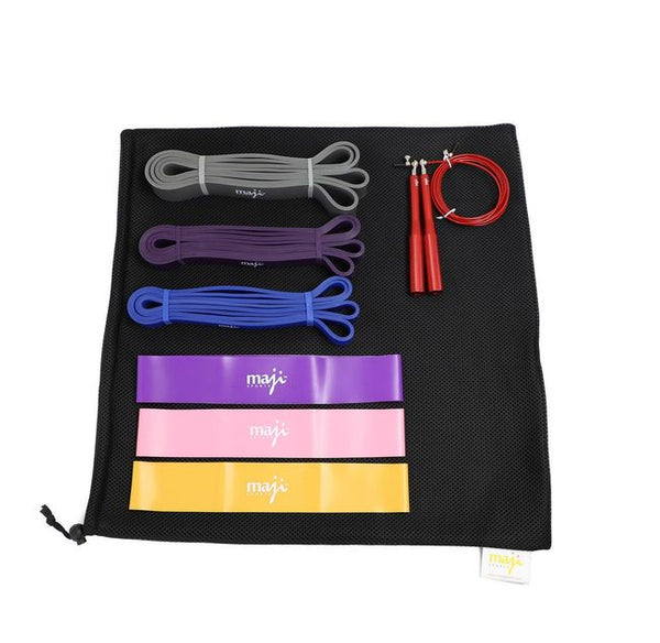 Berry Charmz resistance training and cardio bundle with resistance bands, jump rope, and workout accessories on a white background.