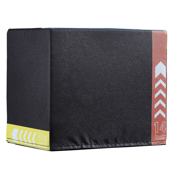 Black 3-in-1 plyometric jump box by Berry Charmz with 16, 14, and 12-inch heights, featuring anti-slip surface for home gym workouts.