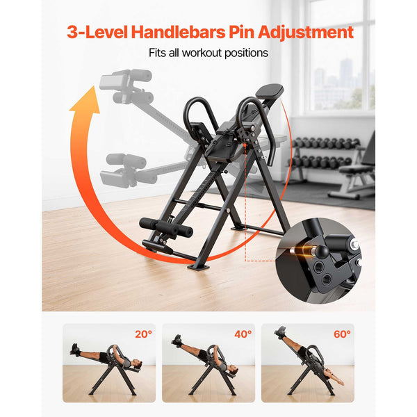 Foldable Berry Charmz inversion table for back pain relief, supports up to 300 lbs, shown in a foldable, secure position