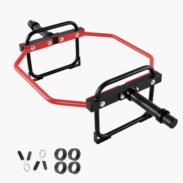 Berry Charmz red 2-inch hex trap bar with 500 lbs capacity, used for deadlifts, squats, and strength training in home gyms.
