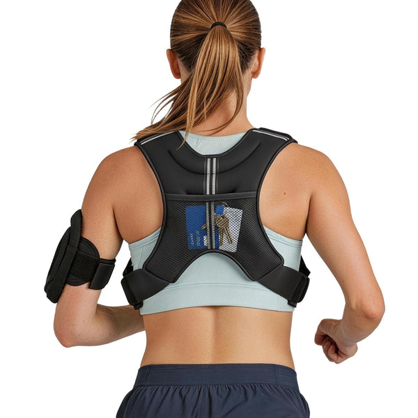 Weighted vest with reflective stripe and adjustable buckle, designed for men and women for strength training, running, and fitness.