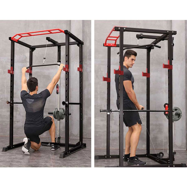 Berry Charmz multi-functional power cage with adjustable pull-up bar, squat rack, and barbell supports, supporting up to 1000 lbs.