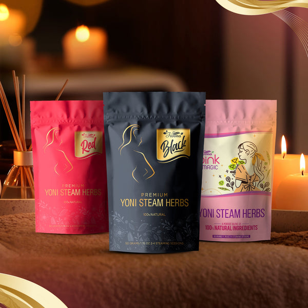 Set of 3 Fivona.com premium yoni steam herbal blends for personal care, featuring natural dried herbs in resealable pouches.
