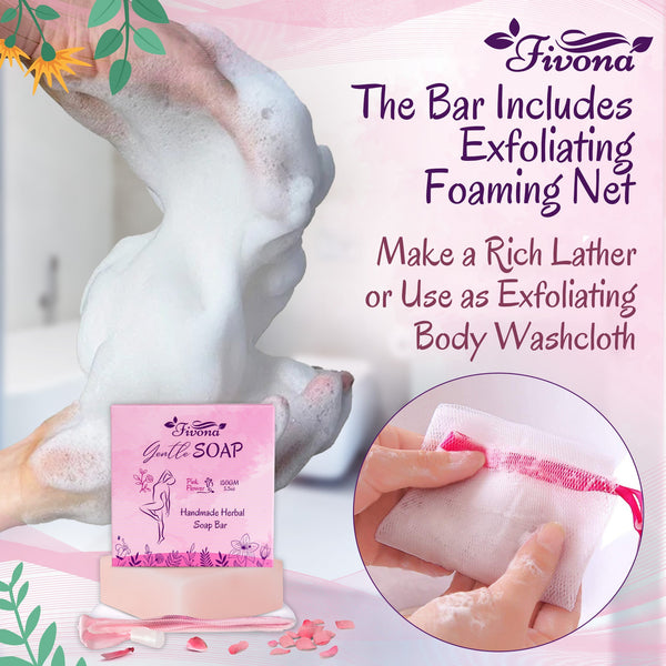 Fivona.com 2-in-1 Yoni Oil and Soap Bar set, natural feminine care products with soothing ingredients, displayed together.