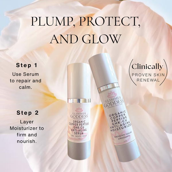 Glimmer Goddess Organic Skin Care Copper Peptide Duo with anti-aging serum and moisturizer, lightly scented with essential oils.
