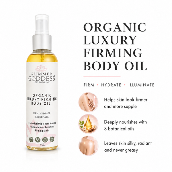Organic luxury firming body oil by Glimmer Goddess® featuring a sleek bottle with golden accents, highlighting anti-aging skincare.