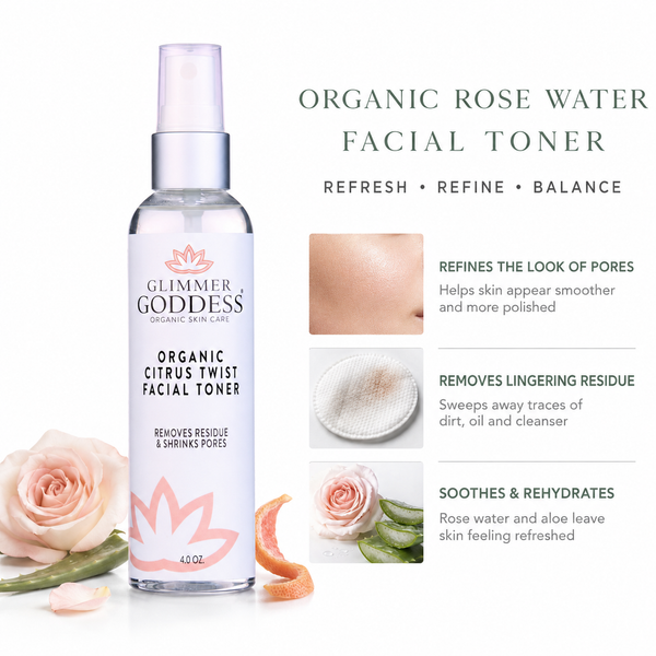 Organic Rose Water Facial Toner by Glimmer Goddess, with witch hazel and aloe, shown in a clear glass bottle with citrus scent.