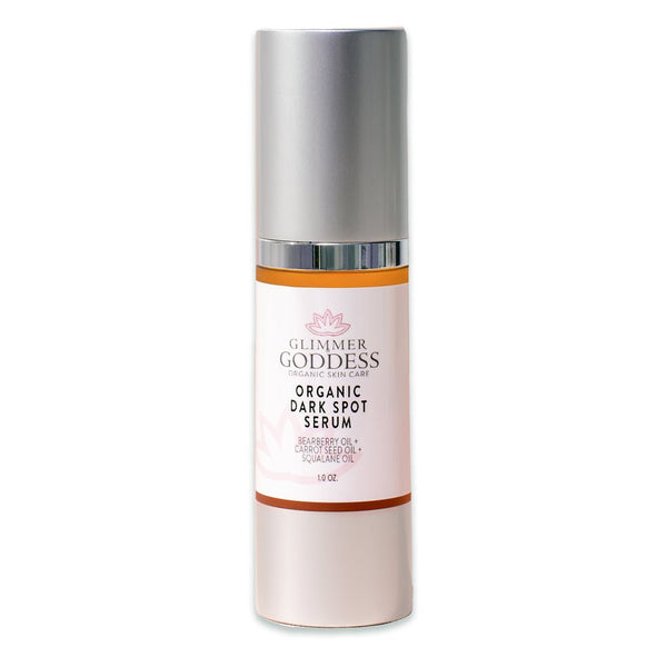 Organic dark spot serum from Glimmer Goddess® for face, fades hyperpigmentation, evens skin tone, in a 1 oz bottle.