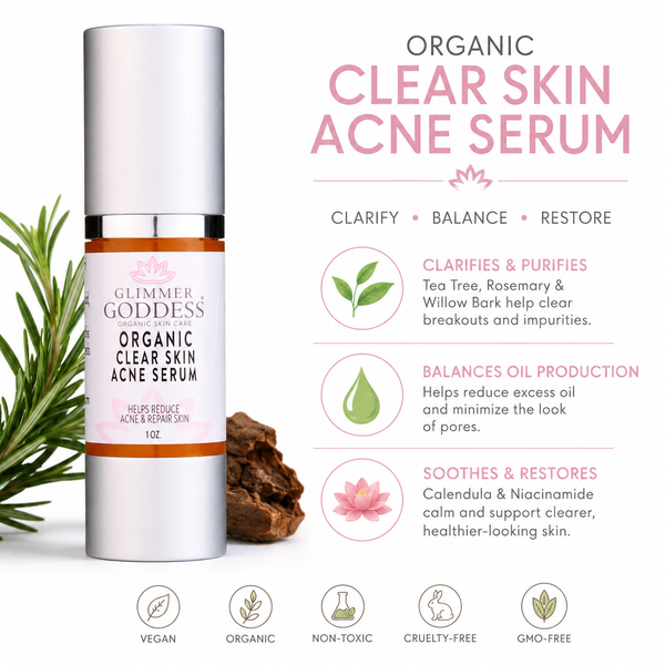 Glimmer Goddess Organic Acne Serum in 1 oz bottle, oil control and pore clearing treatment for clear, healthy skin.