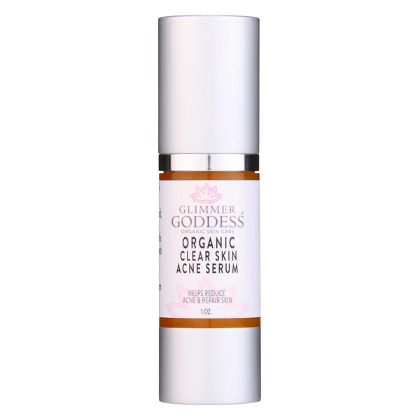 Glimmer Goddess Organic Acne Serum in 1 oz bottle, oil control and pore clearing treatment for clear, healthy skin.