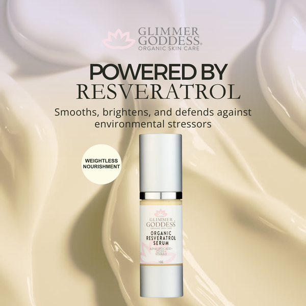 Organic Resveratrol Serum by Glimmer Goddess® for instant skin firming, shown in a clear 1 oz glass bottle with dropper applicator.