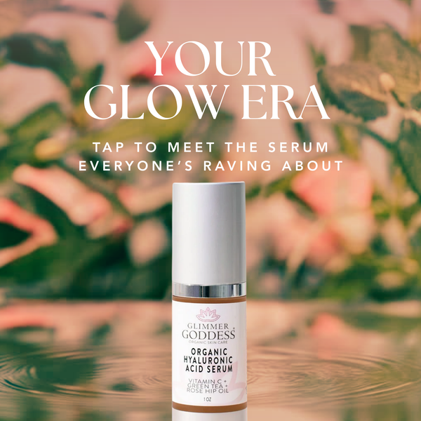 Glimmer Goddess Organic Skin Care Hyaluronic Acid Serum in 1 oz. bottle, providing plumping hydration for the skin.