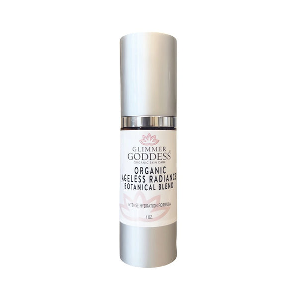 Organic skin brightening serum by Glimmer Goddess® for ageless radiance and dark spot treatment in a sleek bottle.
