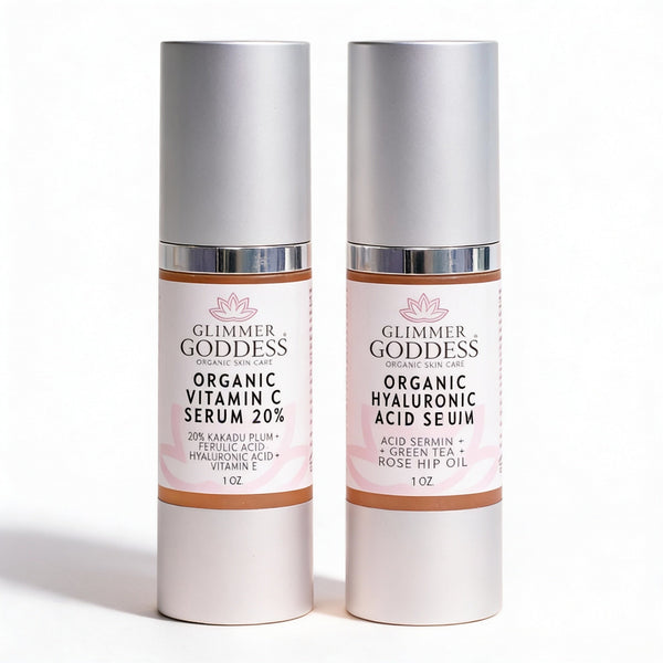 Glimmer Goddess Organic Skin Care Vitamin C and Hyaluronic Acid serum duo for brightening and skin plumping.