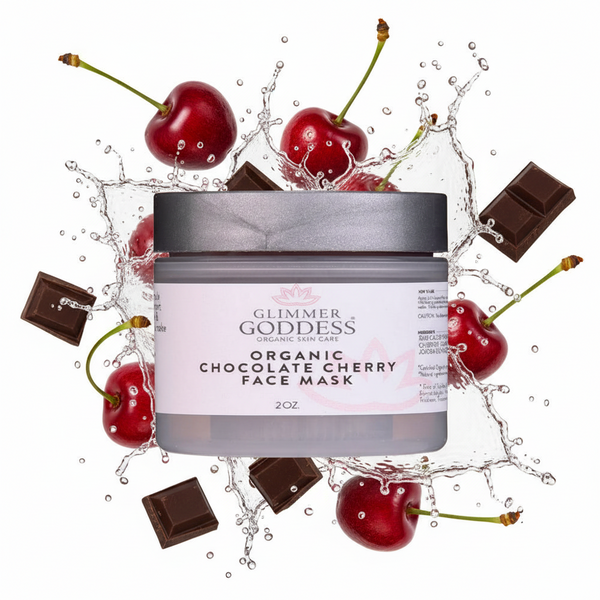 Organic Chocolate Cherry Face Mask by Glimmer Goddess® for antioxidant, anti-aging skincare, shown in 2 oz container.