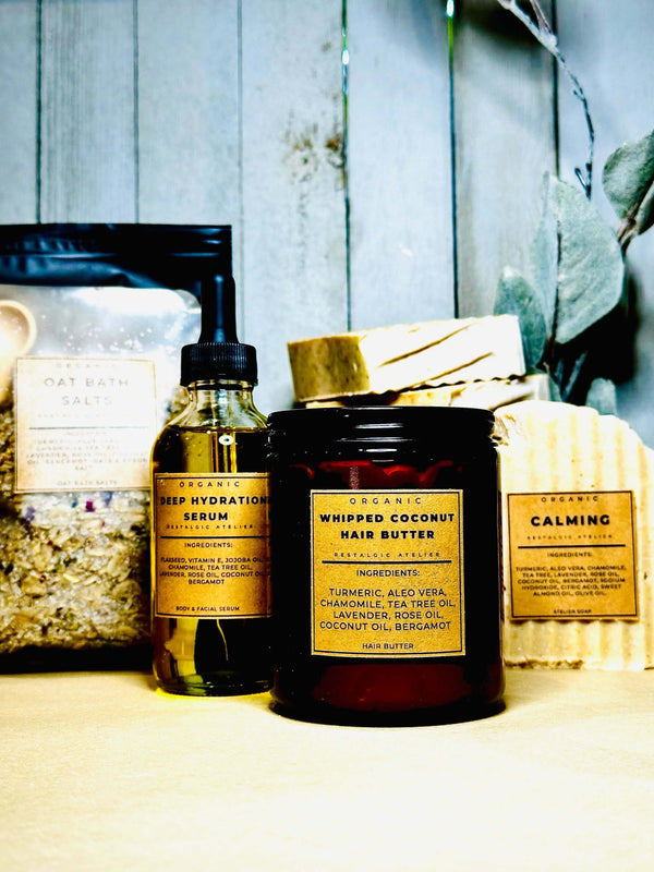 Restalgic Atelier Psoriasis Calming Skin Kit featuring soothing creams and skincare products for sensitive skin relief.