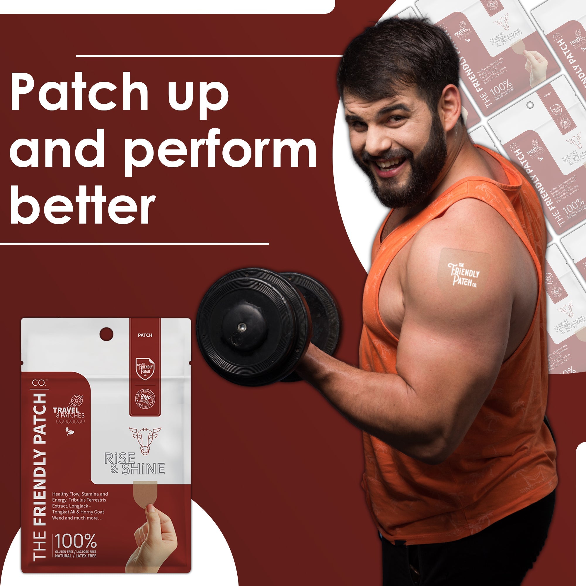 Energy and stamina patches by Friendly Patch Co featuring Tongkat Ali and Black Maca in an 8-pack for enhanced performance.
