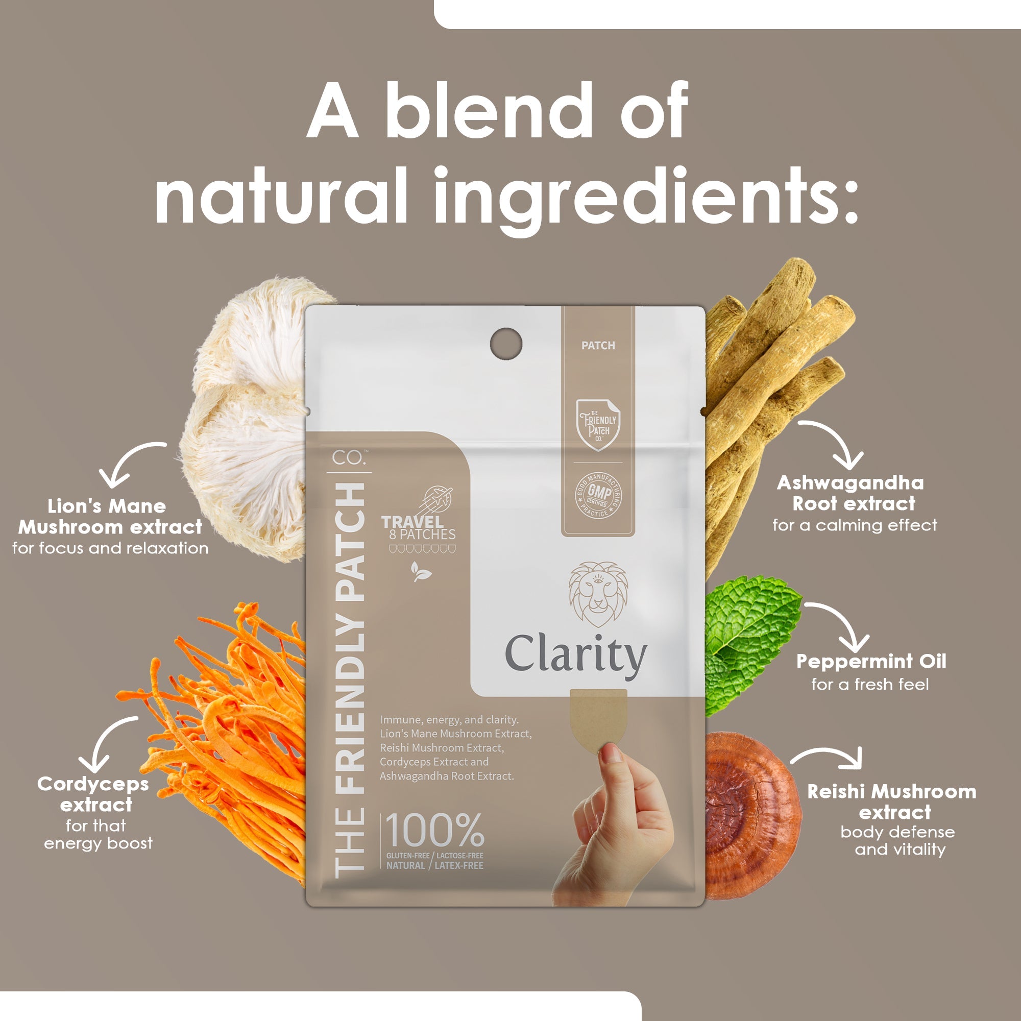 Friendly Patch Co Clarity Focus Mushroom Patch with Lions Mane, Reishi, and Cordyceps, featuring natural ingredients for mental clarity.