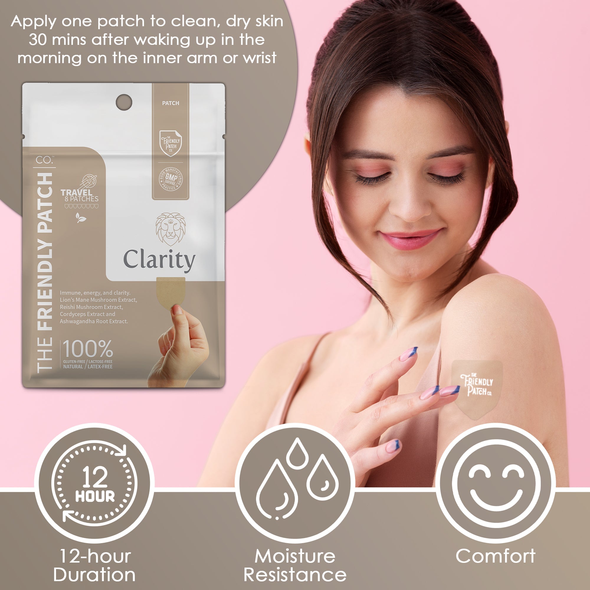 Friendly Patch Co Clarity Focus Mushroom Patch with Lions Mane, Reishi, and Cordyceps for mental clarity and focus.