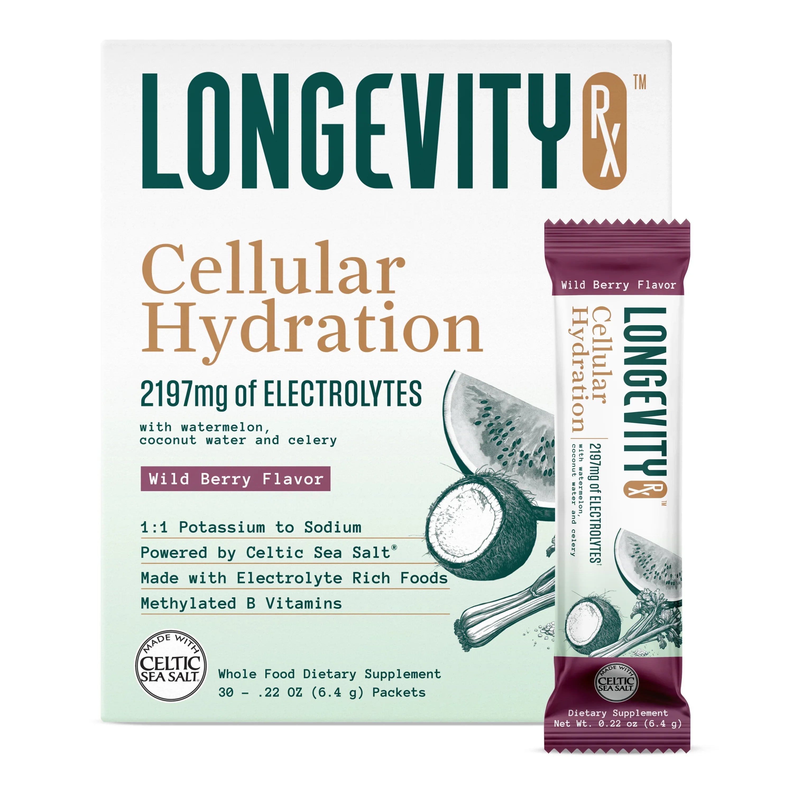 Longevity Rx Cellular Hydration supplement box with multiple bottles, promoting skin and overall hydration.