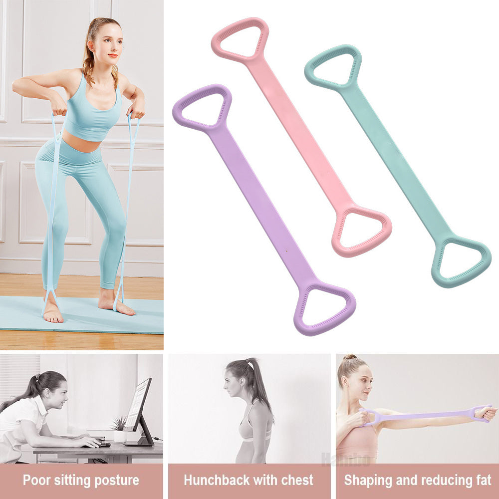 Social Buzz eSIMs yoga fitness resistance band for arm, back, chest, and shoulder stretching and strength training exercises.