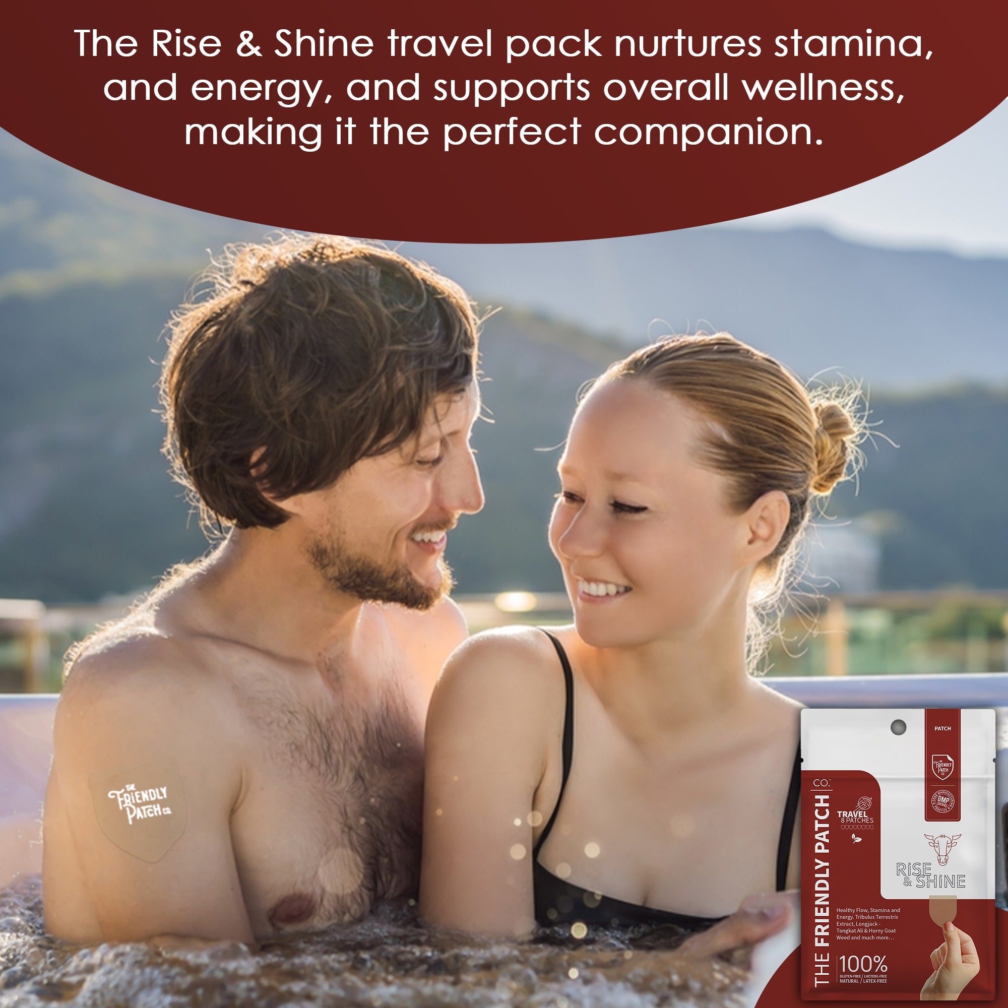 Rise & Shine Patches by Friendly Patch Co featuring Tongkat Ali and Black Maca for energy, stamina, and flow in an 8-pack.