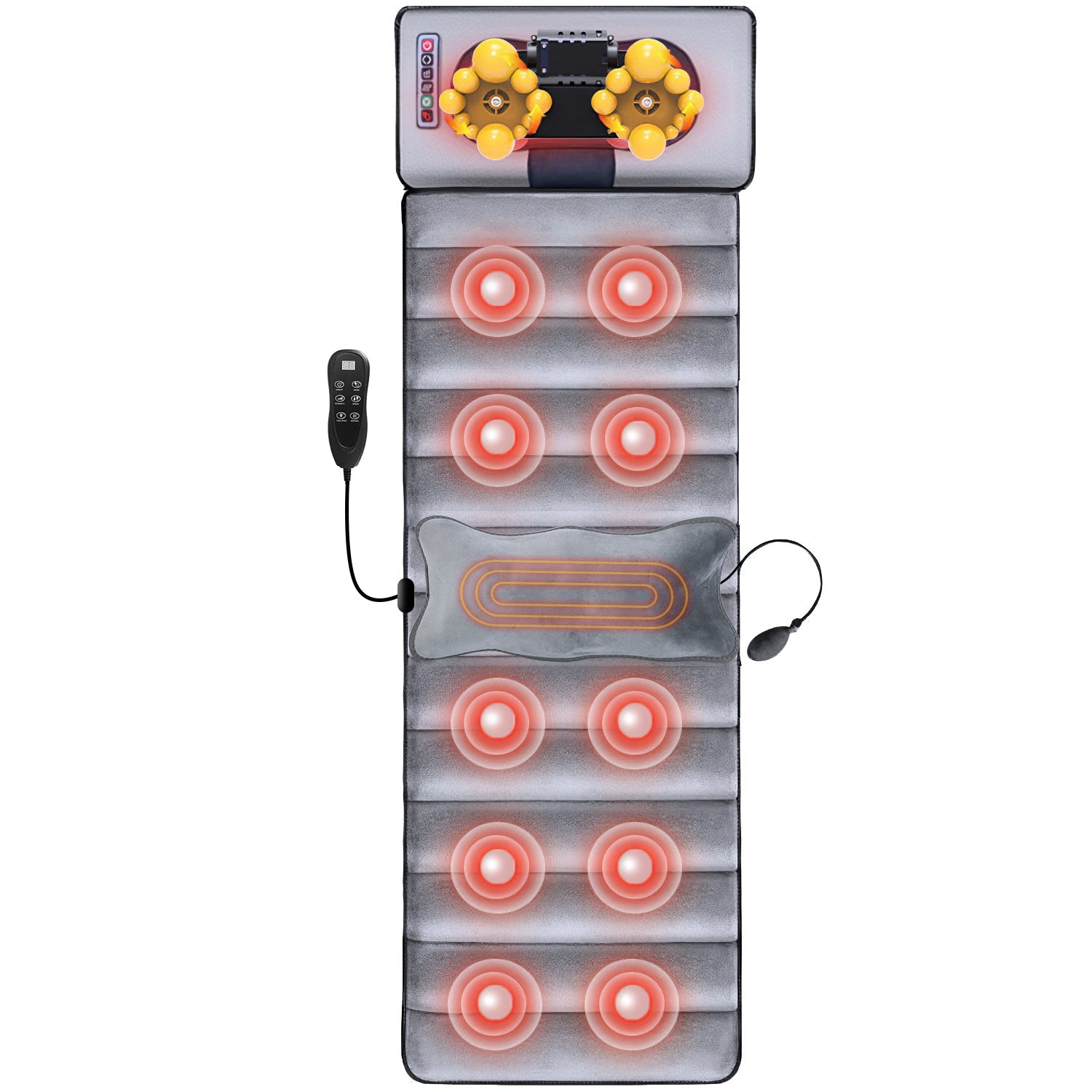 Gamba Beauty full body electric massage mat laid out on a bed, showing its cushioning and control panel for health and personal care.