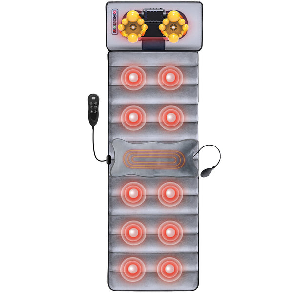Gamba Beauty full body electric massage mat laid out on a bed, showing its cushioning and control panel for health and personal care.