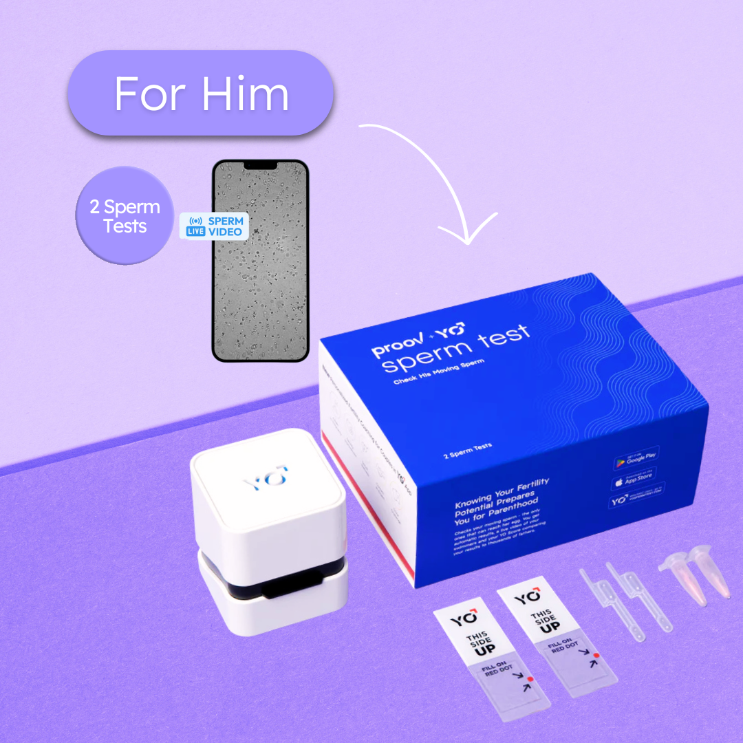 Hers and His Proov Advanced Fertility Test kit for couples, including test strips and instruction manual on a white background.
