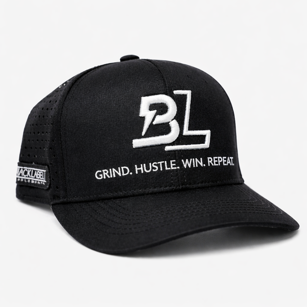 BLACKLABEL Supplements BL Lightning Hat featuring a stylish black cap with lightning logo embroidery, adjustable strap, casual athletic style.