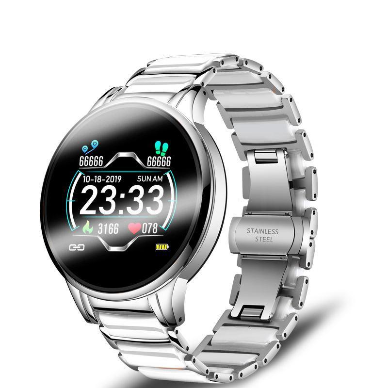 Stevvex ceramic smart sport fitness watch with steel belt, heart rate and blood pressure monitor for women, compatible with Android and iOS