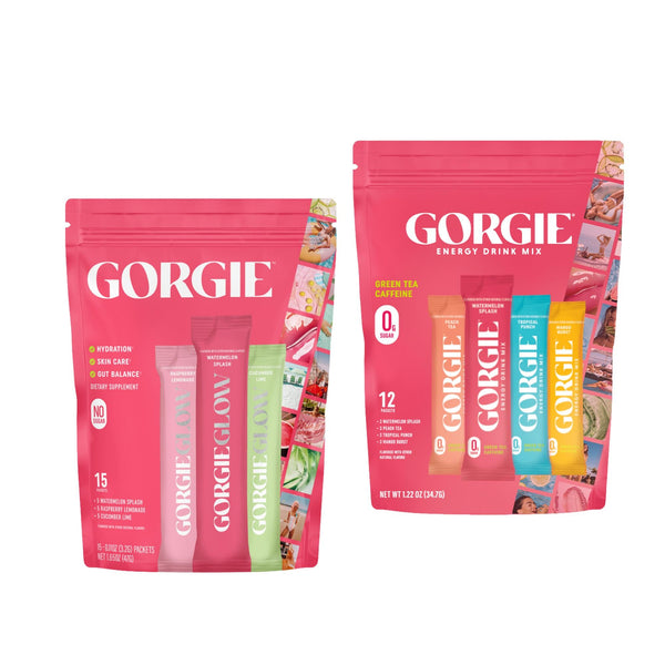 GORGIE GLOW + Energy Mix Bundle featuring vibrant colorful powders in resealable bags for healthy skin and energy boost.
