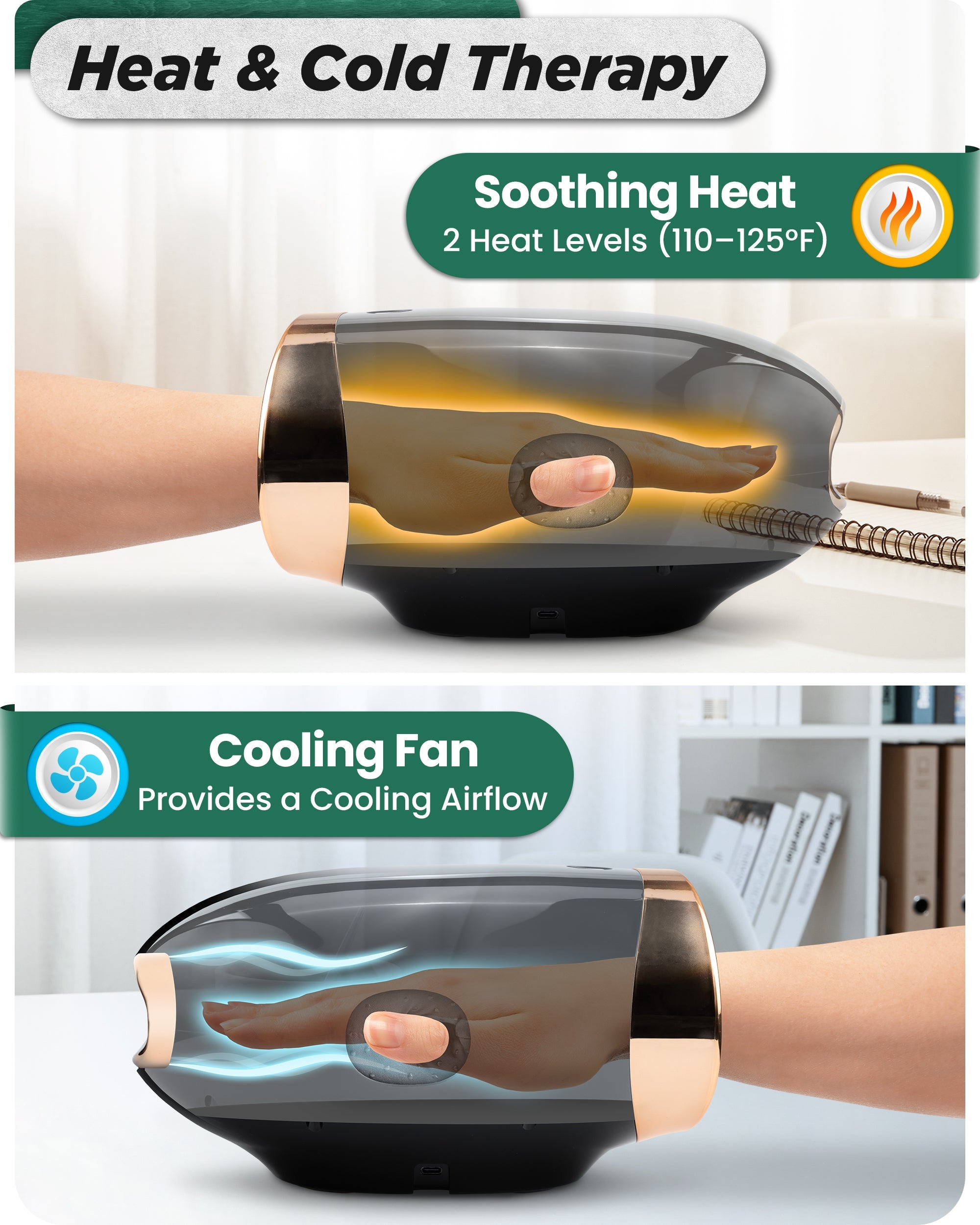 Lunix LX30 rolling hand massager with kneading, compression, heat, and cooling fan in charcoal black, showing its ergonomic design