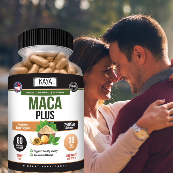 Kaya Naturals Maca Root supplement in capsule form, showing the brown capsules filled with powdered maca root on a white background.