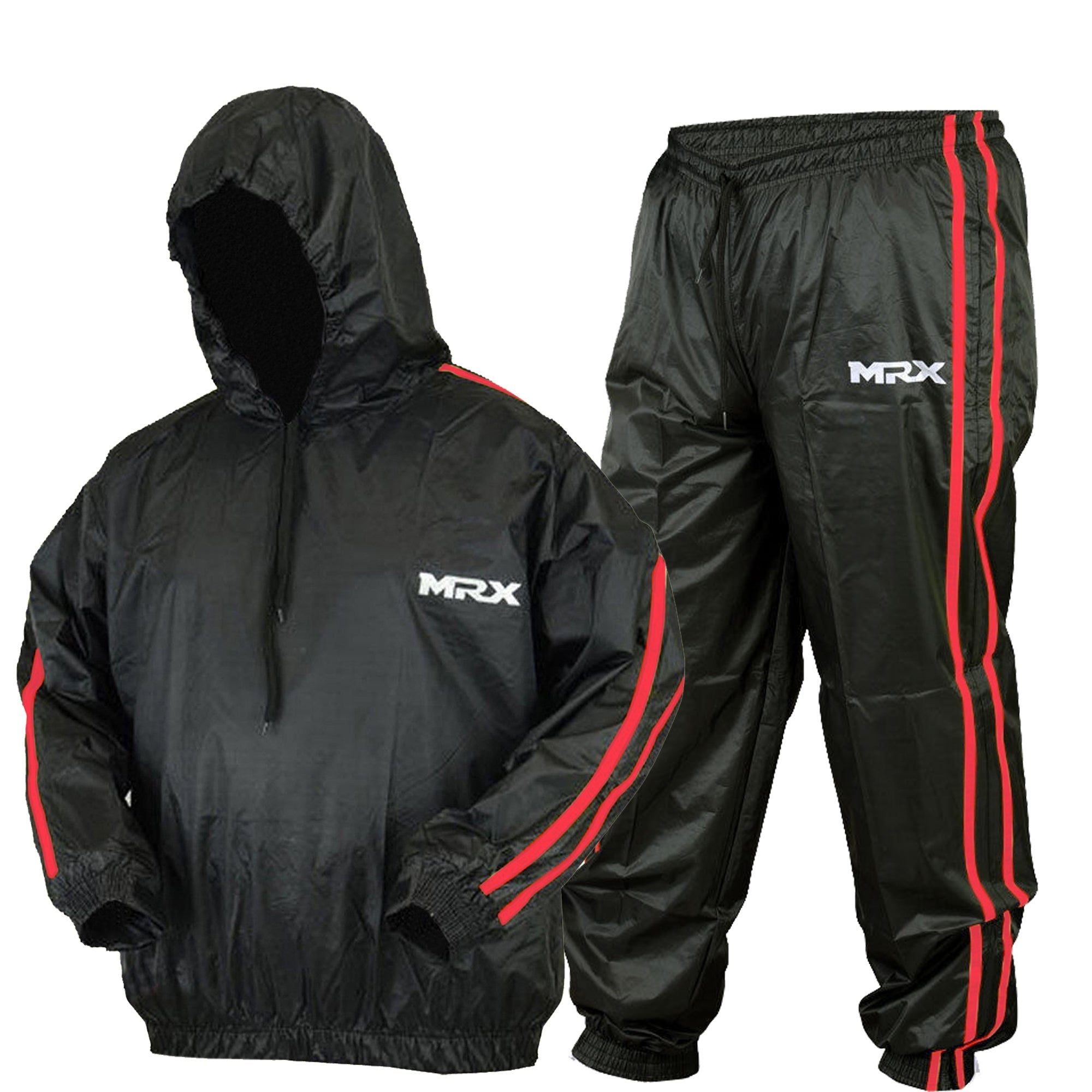 MRX men's sauna sweat suit in black and red, designed for weight loss, slimming, gym training, boxing, and MMA workouts.