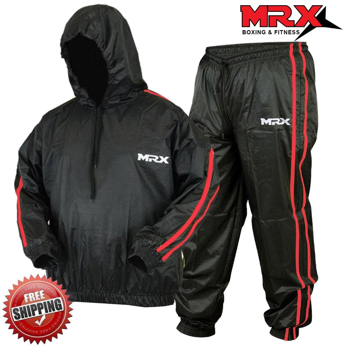 Black and red MRX sauna suit for men, designed for weight loss, gym training, boxing, and MMA workouts.
