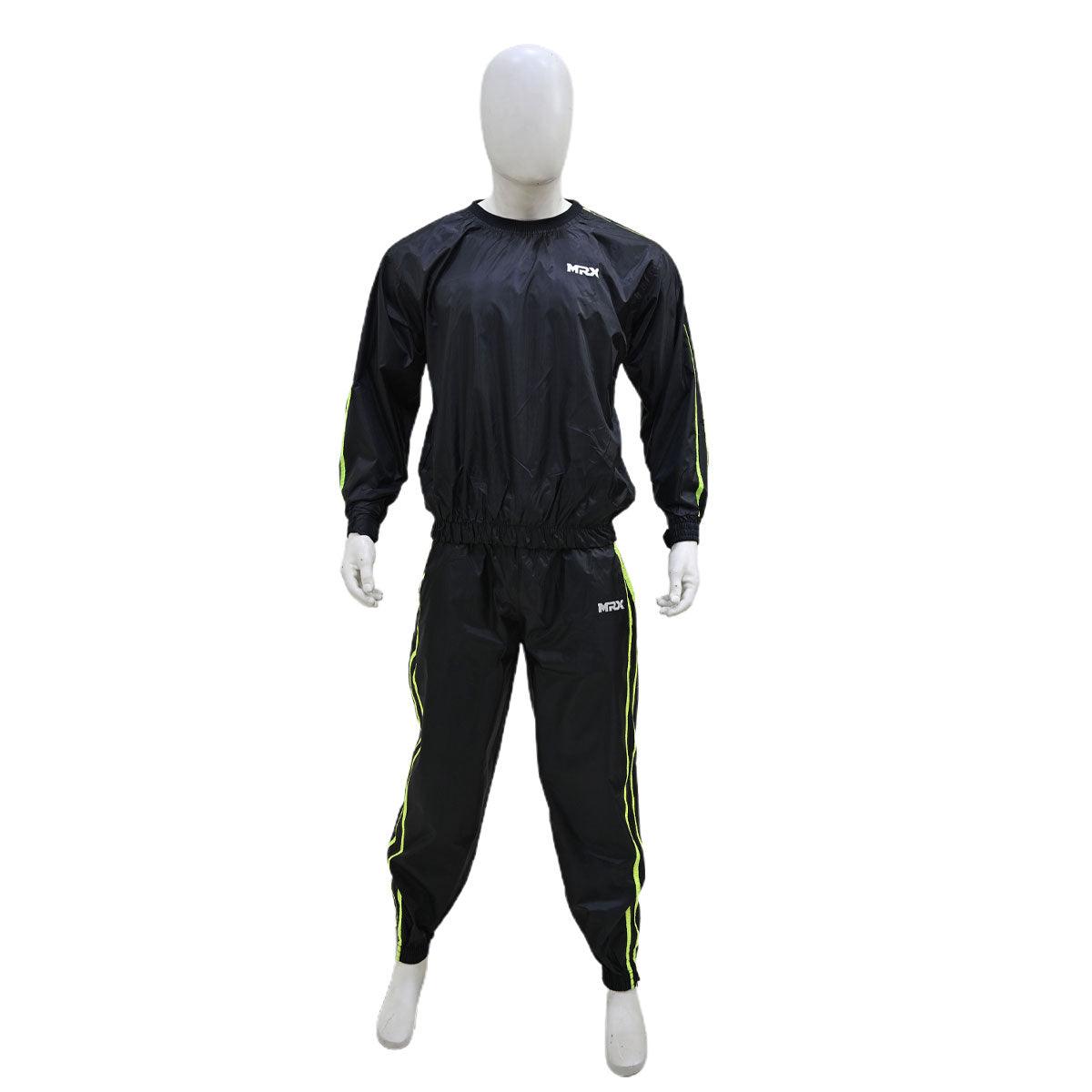 MRX men's sauna sweat suit in black and green, designed for weight loss, gym training, boxing, and MMA workouts.