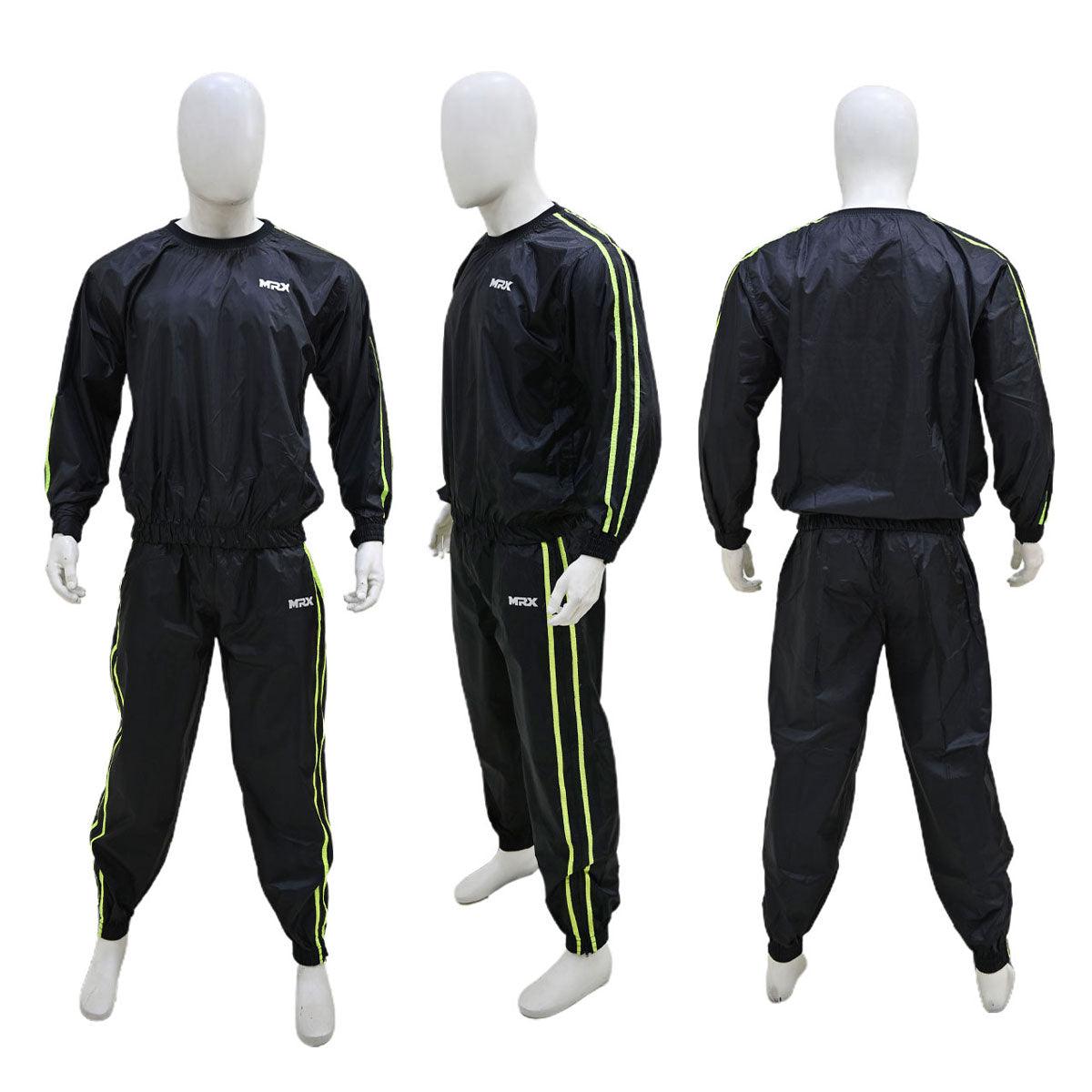 MRX men's sauna sweat suit in black and green, designed for weight loss, gym training, boxing, and MMA workouts.