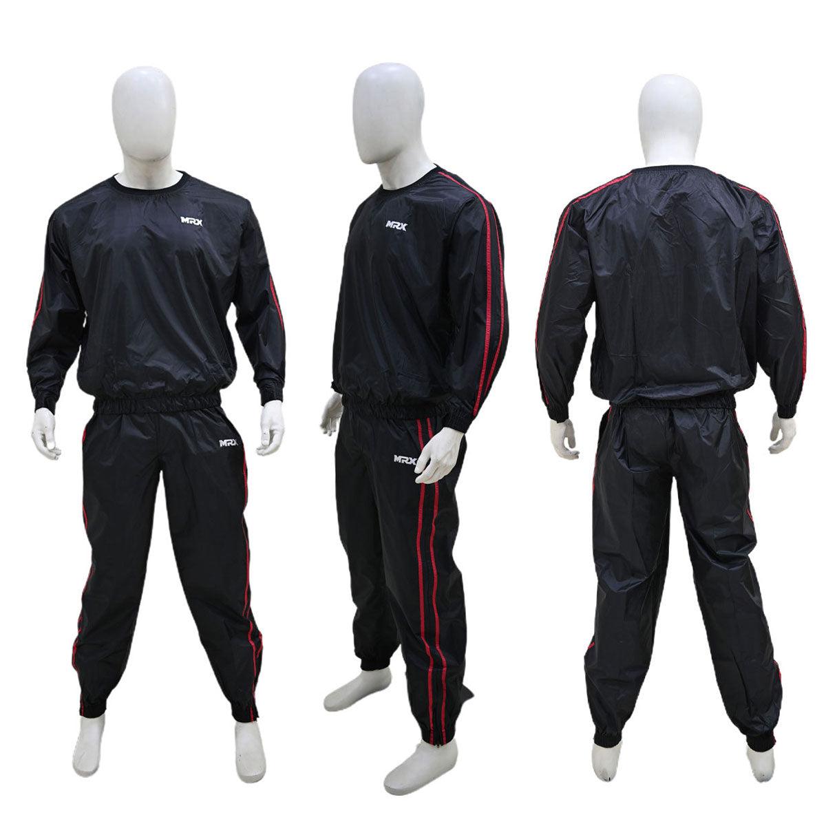 MRX men's sauna sweat suit in black and red, designed for weight loss, gym training, boxing, and MMA workouts.