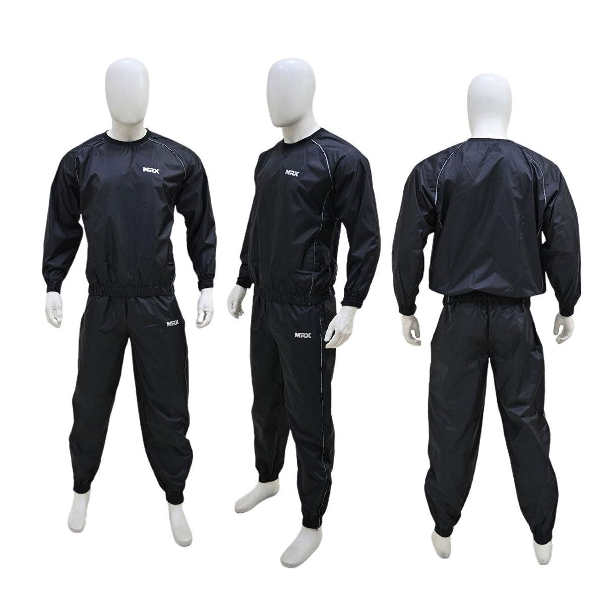 Black and grey MRX sauna sweat suit for men, designed for weight loss, gym training, boxing, and MMA workouts.