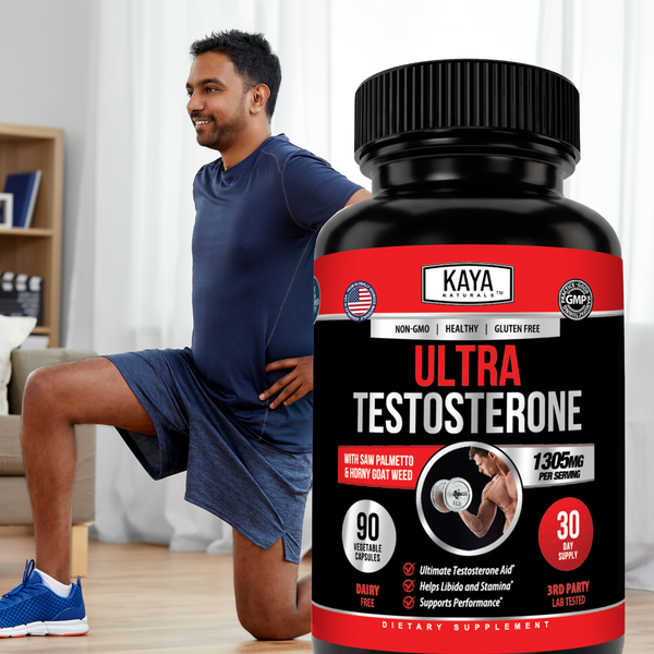 Kaya Naturals Ultra Testosterone supplement bottle with label, featuring natural herbal ingredients for men's health support.