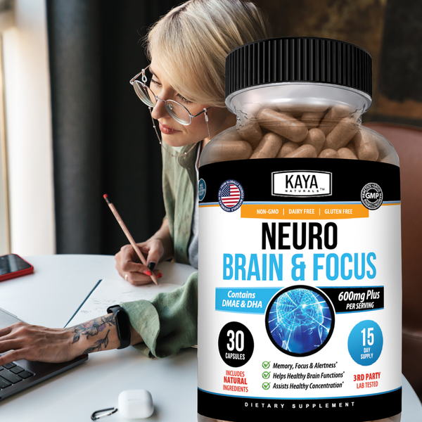 Neuro Brain & Focus supplement bottle by Kaya Naturals with label showing capsules and natural ingredients.