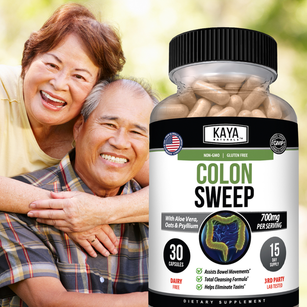 Kaya Naturals Colon Sweep supplement bottle with label, natural herbal product for digestive health and detoxification.