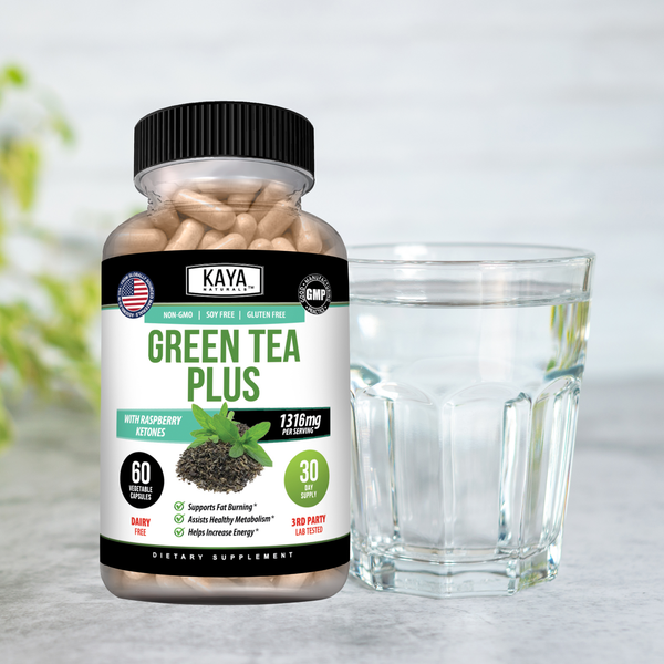 Green Tea Plus supplement bottle from Kaya Naturals, featuring green tea capsules on a white background