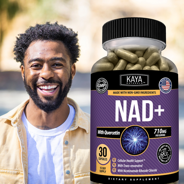 Kaya Naturals NAD+ supplement bottle with label, featuring a sleek design and supplement information on a white background.