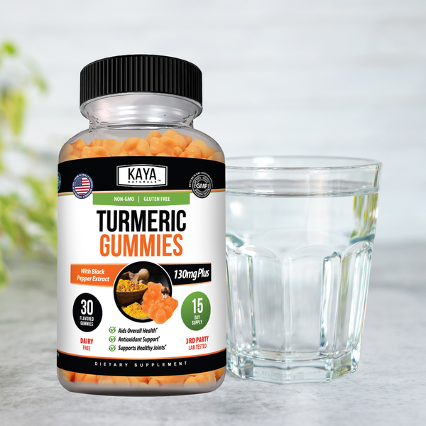 Kaya Naturals turmeric gummies featuring bright yellow, chewy supplement gummies with turmeric root imagery.