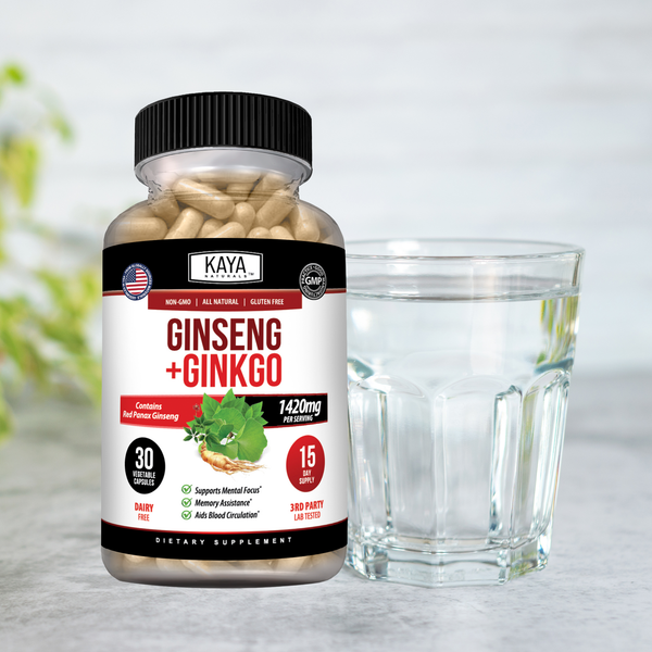 Kaya Naturals Ginseng and Ginkgo supplement bottle with herbal capsules, highlighting natural ingredients and health benefits.