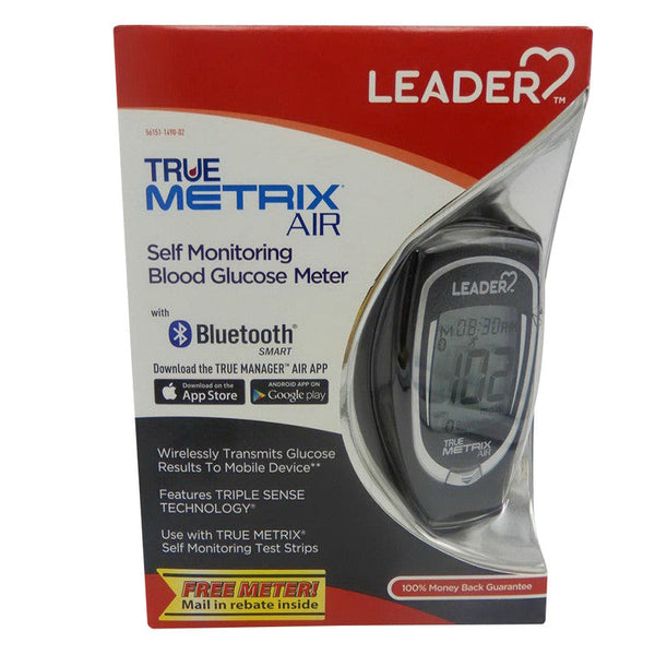 Blood glucose test strips for True Metrix Air self-monitoring Bluetooth glucose meter by Leader Health Care.